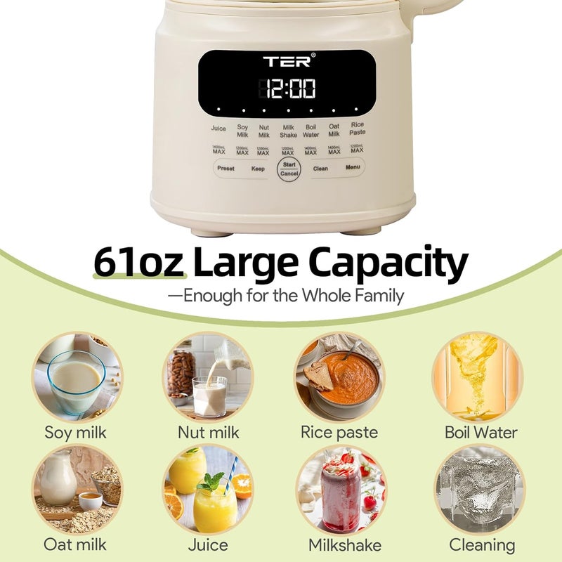 TER Nut Milk Maker Machine, 10-in-1 Soy Milk Maker for Almond/Oat/Soy Milk, Juice, Milkshake, Rice Paste, Auto Clean/24H Preset Time/12H Keep Warm, with 7 Accessories, Beige - Image 3